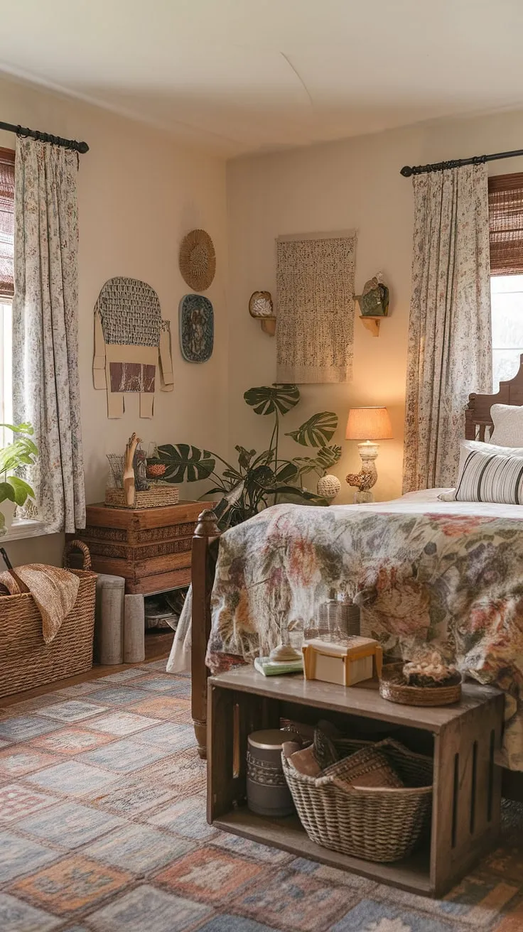 Drift away to sleep in this idyllic Victorian-inspired bedroom. The gentle interplay of light and shadow, the comforting textures of the rug and blanket, and the charming details like the wooden crate and wicker basket all contribute to an atmosphere of serene beauty. A space where cottagecore dreams are woven into reality.