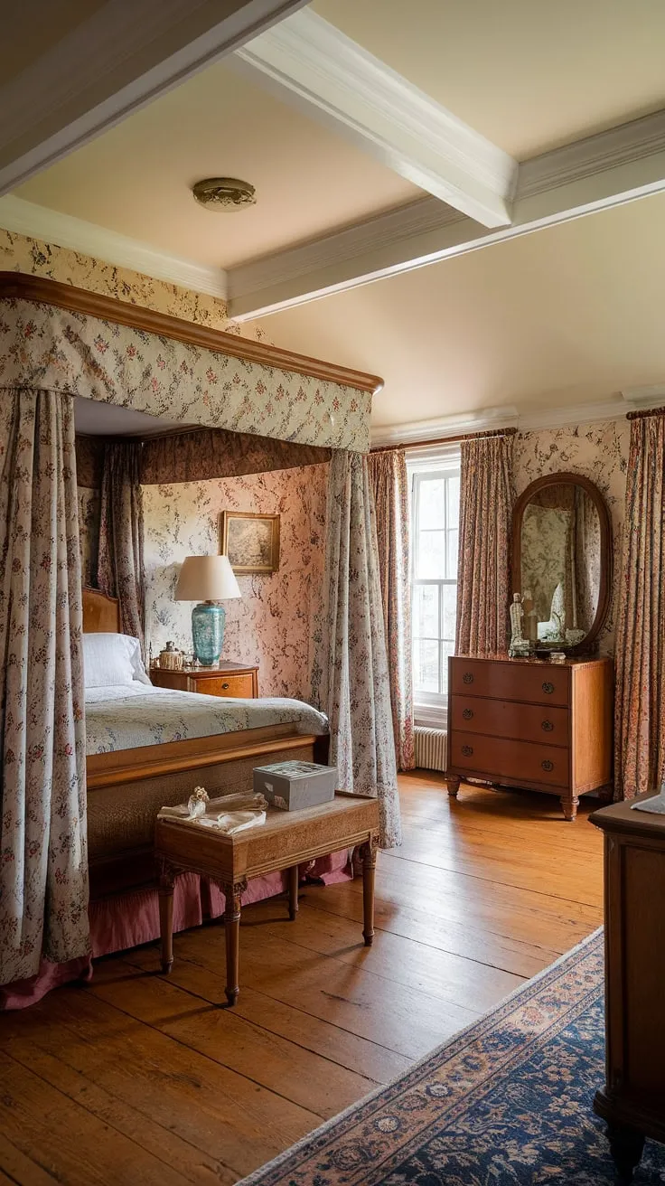 Step into a world of whimsical charm and enchanting details. This Victorian-inspired cottagecore bedroom, with its high ceilings and warm wooden floors, offers a sanctuary of peace and tranquility. The intricately patterned canopy bed, antique dresser, and soft lighting create an atmosphere of pure comfort and A sense of timeless elegance.