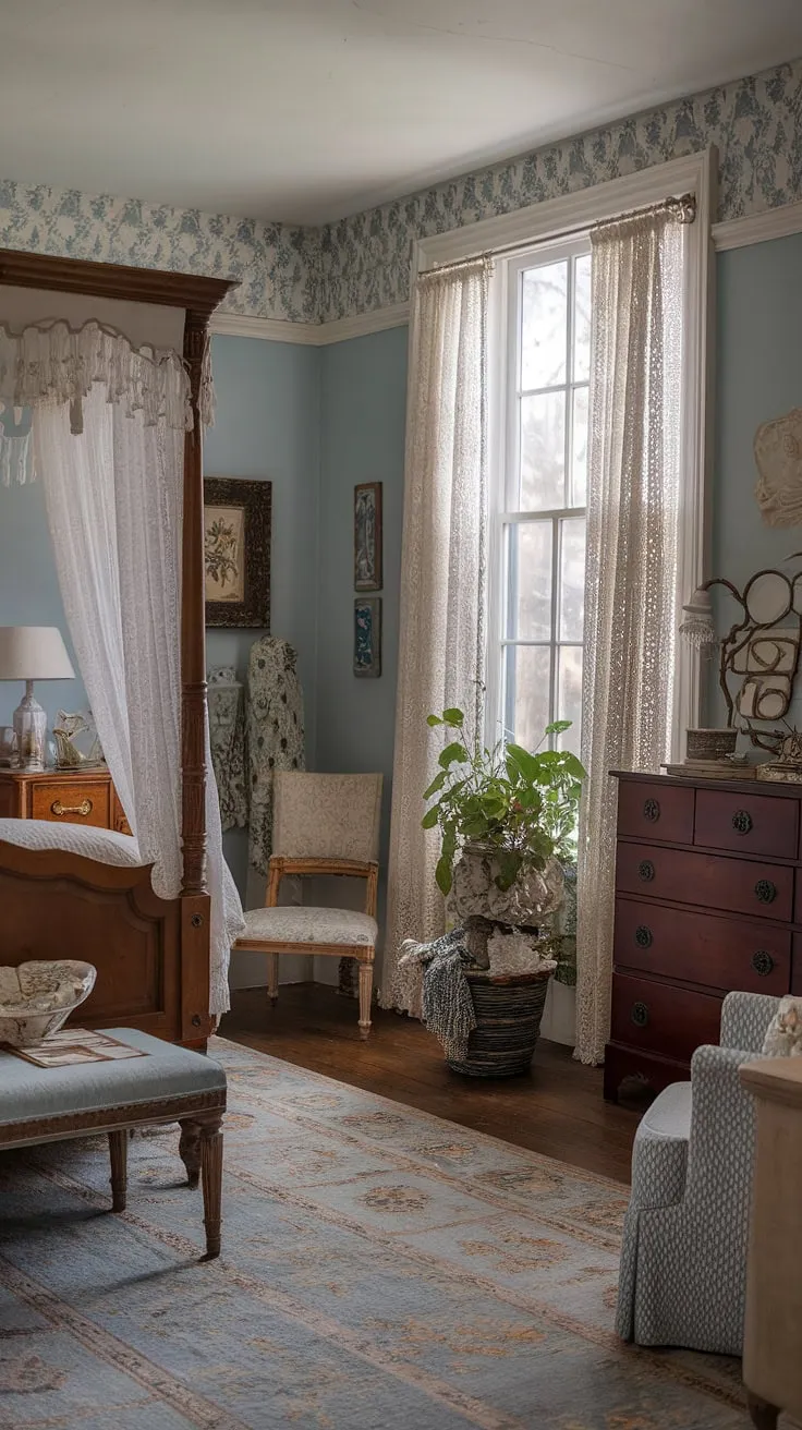 Lost in the whimsical details of this Victorian-inspired bedroom, a sanctuary of cottagecore comfort. The gentle light filtering through the lace curtains illuminates the charming details, from the wooden bed to the patterned rug, creating a space of unparalleled peace and serenity.