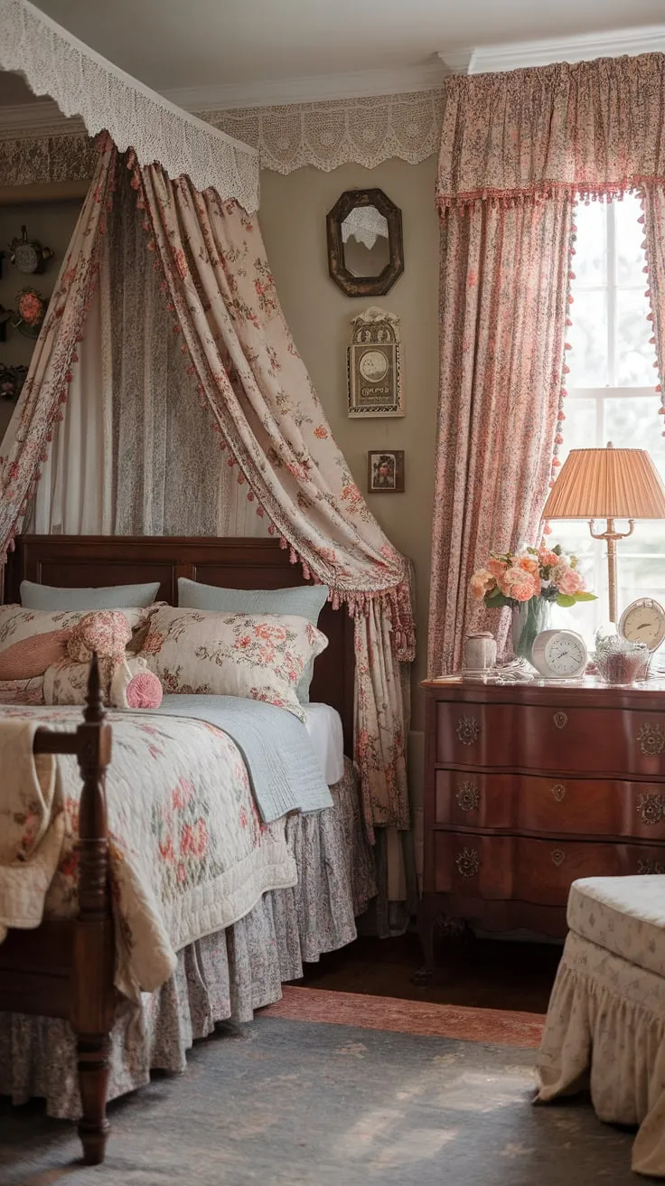 Lost in the enchanting details of this cottagecore haven, a Victorian-inspired bedroom whispers tales of bygone eras. The delicate floral patterns, the warm glow of the lamplight, and the comforting textures all contribute to an atmosphere of peaceful escape. A sanctuary for the soul, filled with cherished memories and quiet moments.
