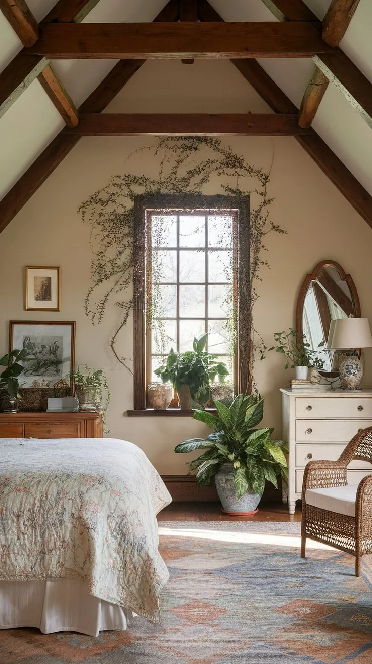 Sunlight streams through the vine-covered window, illuminating the floral quilt and cozy wicker chair in this Victorian-inspired haven. The high ceilings and exposed beams add to the charm, creating a space that feels both grand and intimately comforting. A perfect blend of rustic elegance and cottagecore dreams.
