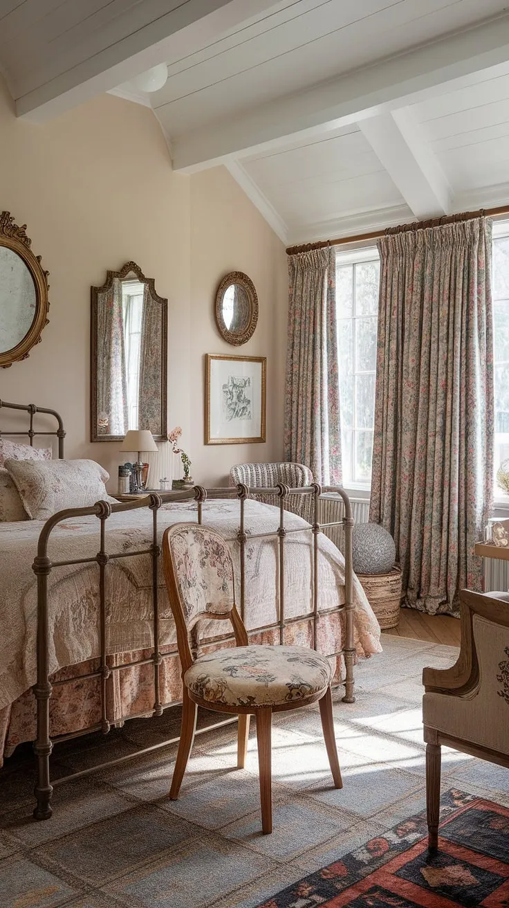 This cozy cottage bedroom, with its high ceilings and abundant natural light, whispers tales of bygone eras. The wrought-iron bed, floral quilt, and antique chair create a charmingly romantic ambiance. Every detail, from the patterned rug to the framed artwork, speaks to a love of vintage style and a touch of cottagecore charm.