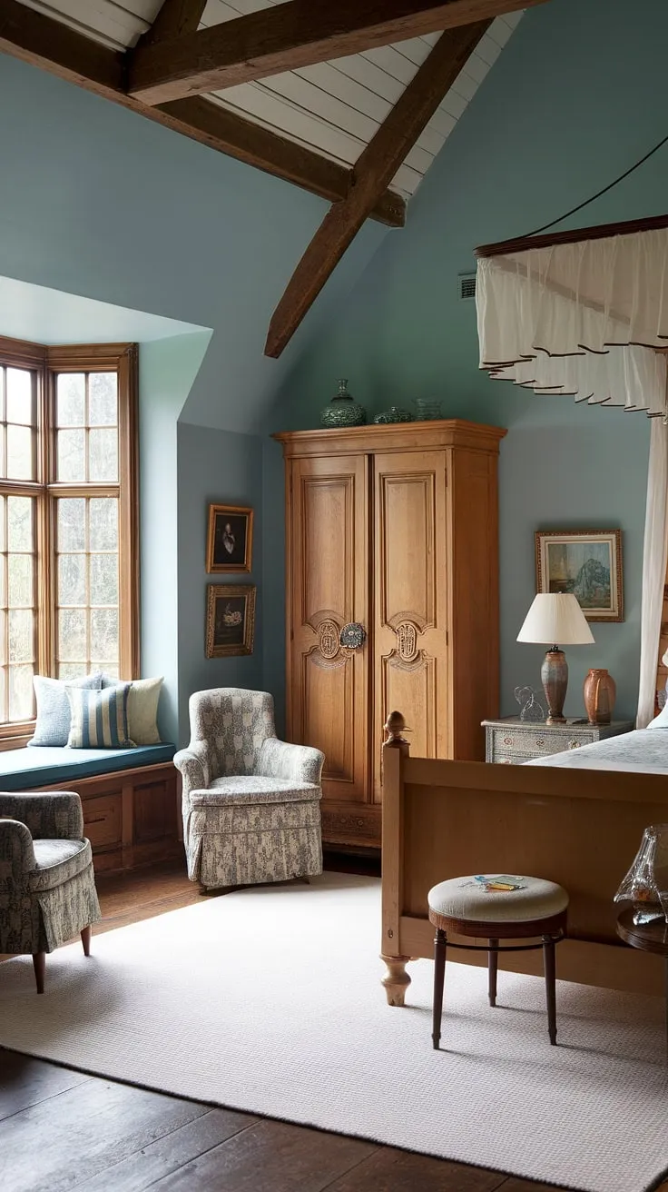 Escape to this charming Victorian-inspired cottage bedroom, where high ceilings and exposed wooden beams create a sense of airy spaciousness. The soft blue walls, white canopy bed, and intricately carved wardrobe contribute to a tranquil atmosphere perfect for restful nights. A window seat offers a cozy spot to enjoy the view, while the carefully chosen decorative pieces add a touch of vintage elegance. This is truly a haven of peace and quiet.