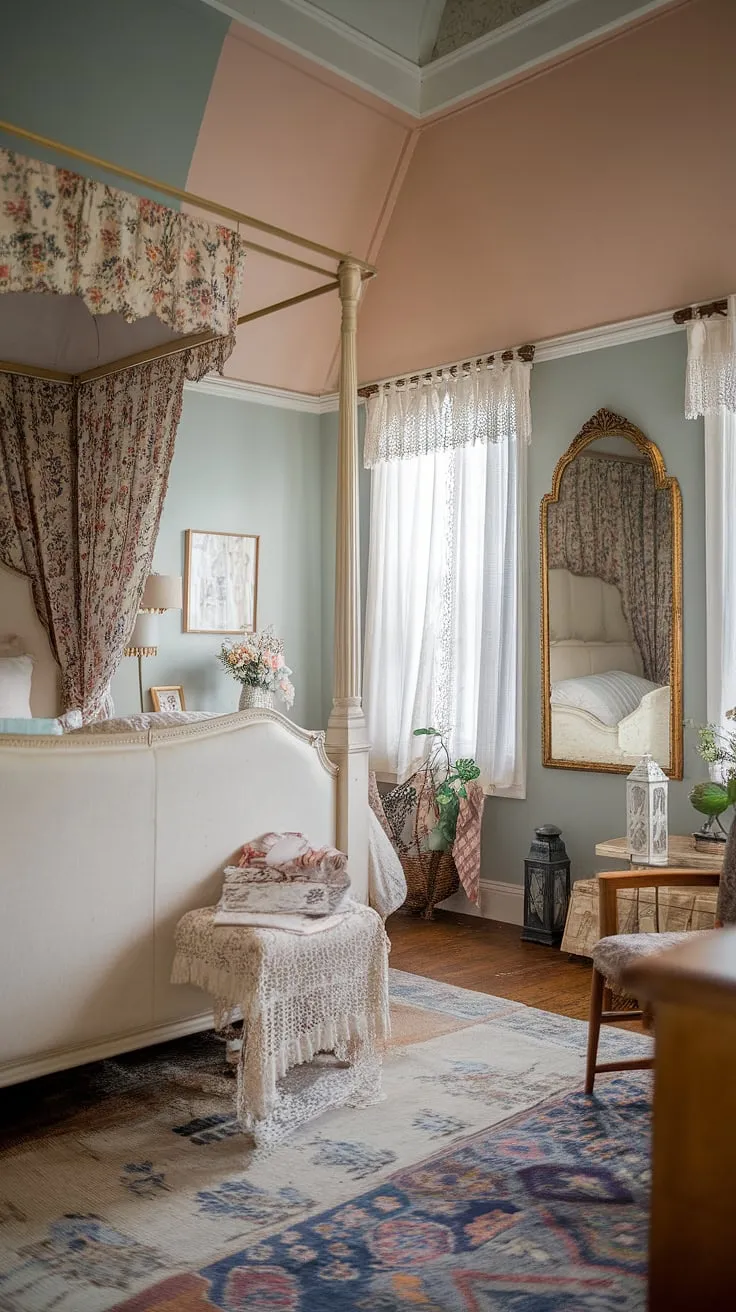 Lost in the enchanting details of this pastel-hued Victorian bedroom. The high ceilings and floral four-poster bed create an atmosphere of airy elegance, while the golden mirror and wooden chair add touches of vintage charm. A true cottagecore escape, filled with the gentle warmth of a bygone era.