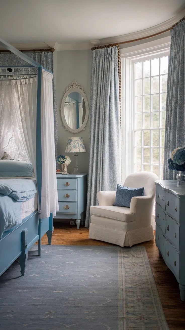 Drift away to dreamland in this exquisitely appointed cottagecore bedroom. The calming blue and white hues, combined with the intricate details of the canopy bed and lace curtains, evoke a sense of timeless charm. A white chair sits invitingly in the corner, promising moments of quiet contemplation. This space is more than just a bedroom; it's a sanctuary of blissful escape, a testament to the beauty of simple elegance.