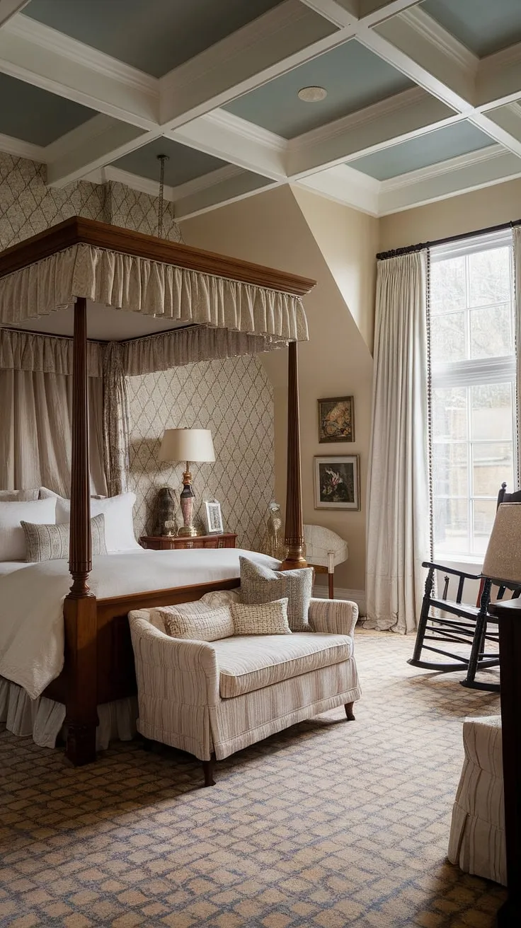 Sunlight streams through the window, illuminating the intricate patterns of the wallpaper and carpet in this enchanting Victorian-inspired bedroom. The four-poster bed, a majestic centerpiece, is draped in crisp white, creating a serene atmosphere. Every detail, from the antique lamps to the carefully placed decorative items, speaks to a love of history and a deep appreciation for cozy, nostalgic comfort. A perfect escape.