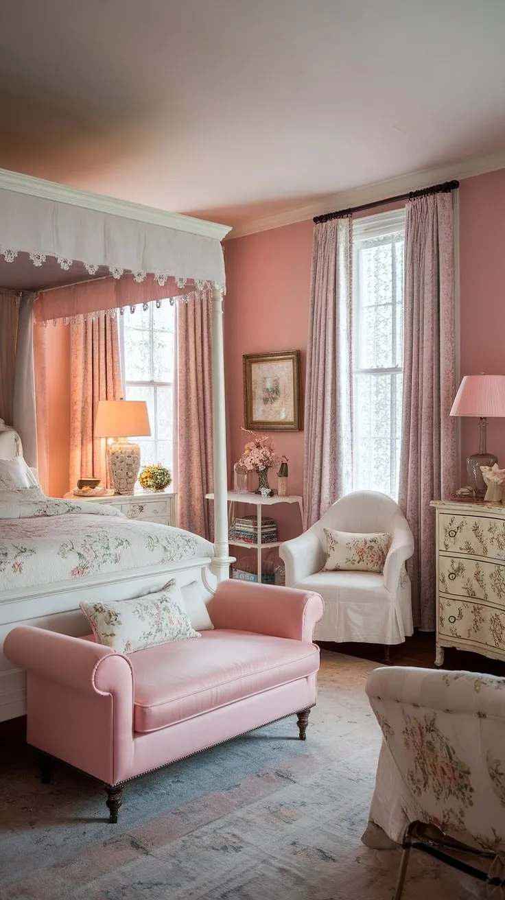 This charming bedroom seamlessly blends Victorian elegance with cottagecore aesthetics. The white furniture, floral bedding, and soft pink hues create a tranquil and inviting atmosphere. Every detail, from the lace curtains to the patterned rug, contributes to the room's undeniable coziness and romantic appeal.
