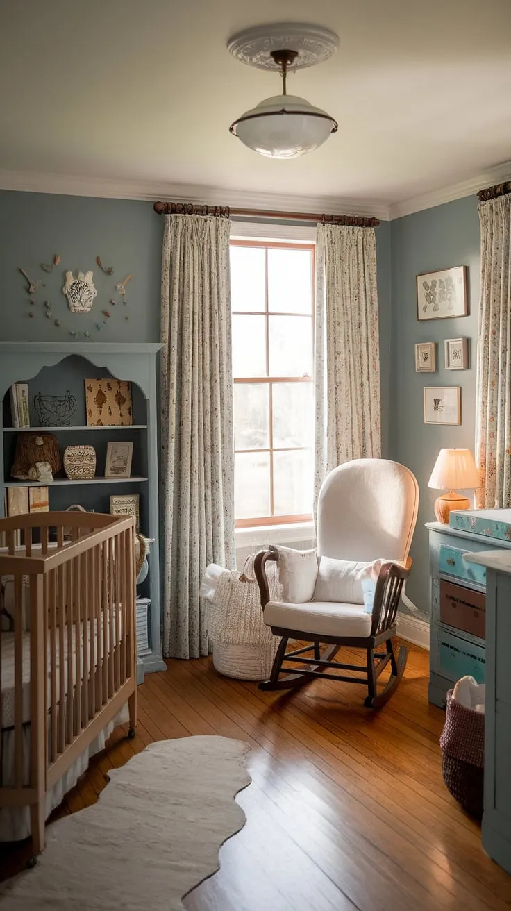 This charming Victorian nursery, brimming with a vintage details and a touch of cottagecore magic, is the perfect blend of old-world elegance and modern comfort. Every detail, from the antique crib to the carefully curated bookshelf, speaks of love, warmth, and cherished memories.
