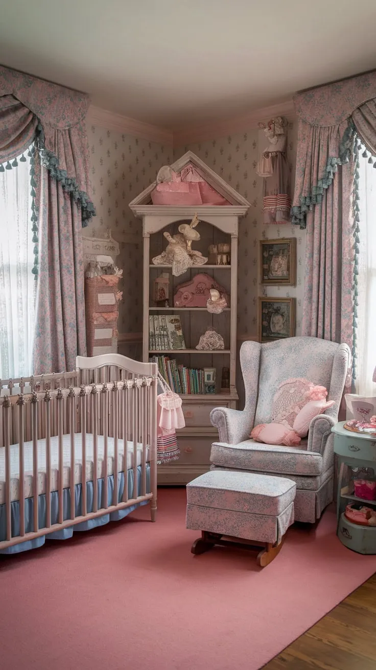 This vintage-inspired nursery is a dream come true. The delicate pink and blue palette, combined with the whimsical cottagecore details and charming Victorian wallpaper, creates a space brimming with old-world elegance and childlike joy. A haven of tranquility where imagination takes flight.