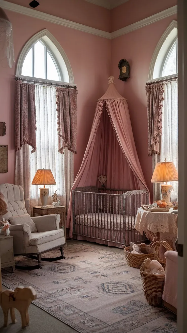 Lost in the enchanting embrace of a bygone era, this Victorian nursery whispers tales of childhood dreams. A symphony of delicate pinks, antique furnishings, and playful accents combine to create a space brimming with warmth and nostalgia. Every detail, from the canopy crib to the vintage rocking chair, speaks of a simpler time, a sanctuary where imagination takes flight and sweet dreams are born. A truly captivating scene.
