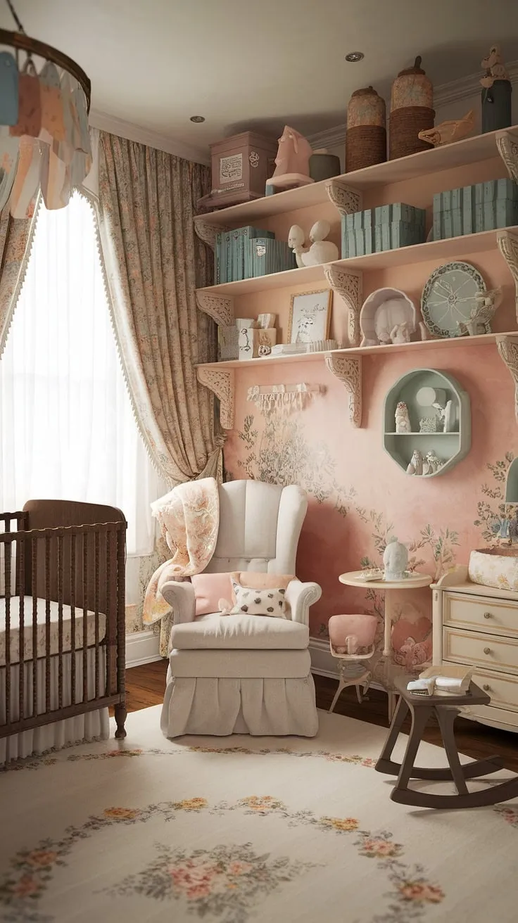 This vintage cottage nursery is a dream come true. A symphony of soft pastels and floral prints evokes a sense of timeless elegance, while the wooden crib and rocking chair add a touch of rustic charm. A carefully curated collection of books and toys sits on the shelves, promising hours of imaginative play. A truly magical space where childhood memories are made.
