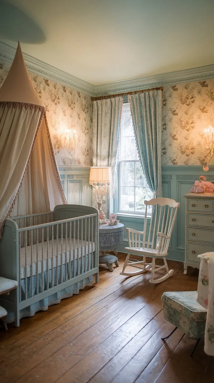 Step into a world of whimsical dreams in this Victorian-style nursery, where delicate floral patterns adorn the walls and a canopy crib promises sweet slumber. The soft lighting and vintage furniture create a haven of tranquility, a perfect space for a little one to grow and play. A charming rocking chair awaits bedtime stories, and the cottagecore aesthetic fills the room with gentle warmth.