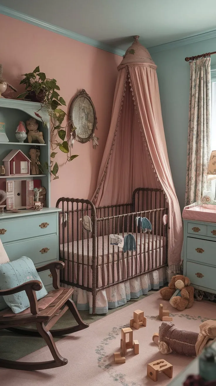 This vintage nursery, painted in soft pastel shades, is a testament to timeless elegance and childlike joy. A canopy crib, rocking chair, and antique dresser create a comforting atmosphere, while vintage toys and books invite imaginative play. The room's whimsical cottagecore charm is perfectly complemented by the soft glow of the lamp and the lush greenery, making it the ideal sanctuary for a little one's dreams.