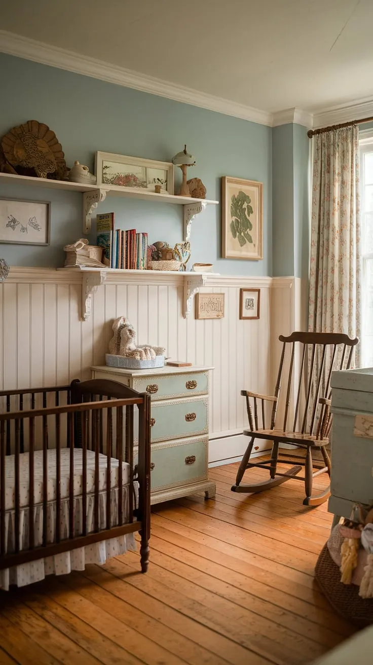 A whimsical haven of cottagecore charm, this Victorian-era nursery is a testament to simpler times. The delicate blue walls, antique wooden crib, and carefully curated collection of toys and books create a space where childhood memories are made. A truly enchanting room, filled with the quiet joy of a peaceful past.
