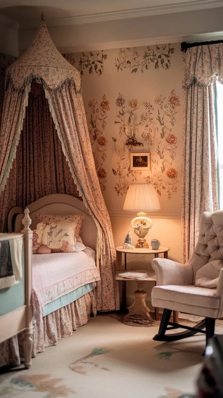 Step into a world of whispered secrets and floral dreams in this Victorian child's room. The soft light dances across the floral-draped four-poster bed, a rocking chair waits patiently, and a small table holds a lamp, casting a warm glow on the whimsical vintage nursery theme. A truly enchanting space, brimming with cottagecore charm.