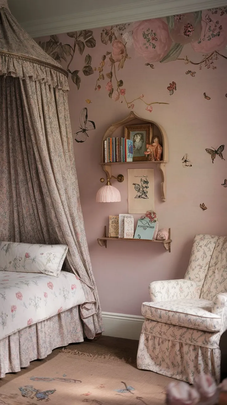 A perfectly curated Victorian children's room, brimming with cottagecore charm. Pastel hues, floral patterns, and delicate butterfly accents create a tranquil space. A canopy bed, a cozy reading nook, and a charming wooden shelf filled with books complete this enchanting scene. A truly magical place for a child to grow and dream.