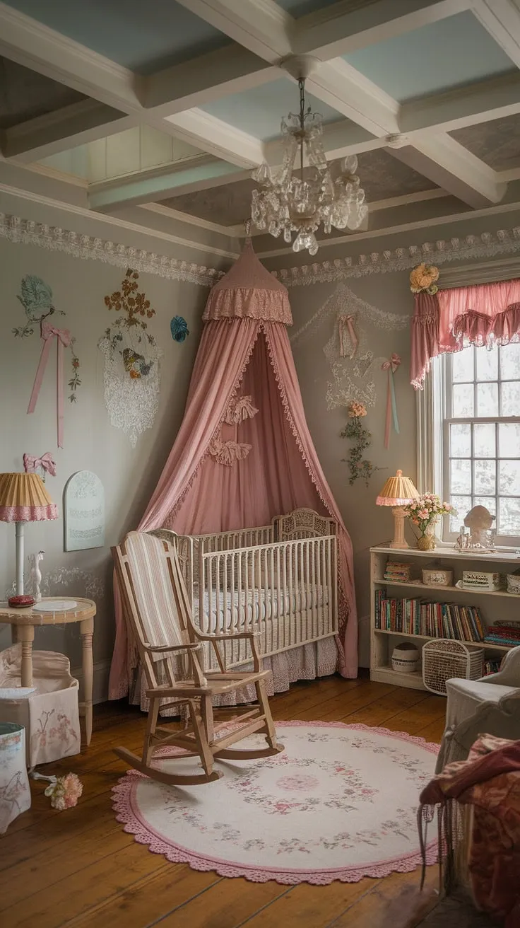 This whimsical Victorian nursery, adorned with ribbons, flowers, and a vintage crib, is a testament to the enduring beauty of bygone eras. The high ceilings and wooden floors add to the room's captivating atmosphere, creating a space where childhood dreams take flight. A truly magical place for a child to grow.
