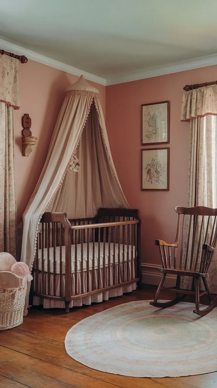Step into a world of whispered secrets and gentle dreams in this enchanted Victorian nursery. Soft pastel hues, vintage artwork, and a charming wooden crib create a haven of cottagecore whimsy, where childhood adventures begin. A perfect blend of old-world charm and modern comfort, this space is a testament to the enduring magic of childhood.