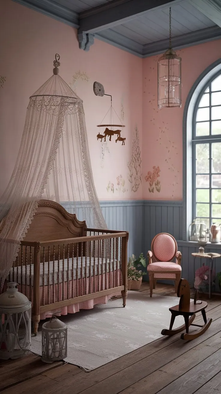 A symphony of soft pinks and blues, this Victorian-inspired nursery is a testament to timeless elegance and childlike wonder. The antique crib, adorned with a lacy canopy, sits beneath a mobile of charming wooden animals, creating a space both comforting and captivating. Vintage lanterns cast a warm glow, enhancing the enchanting atmosphere of this cottagecore haven. A truly special place for sweet dreams.
