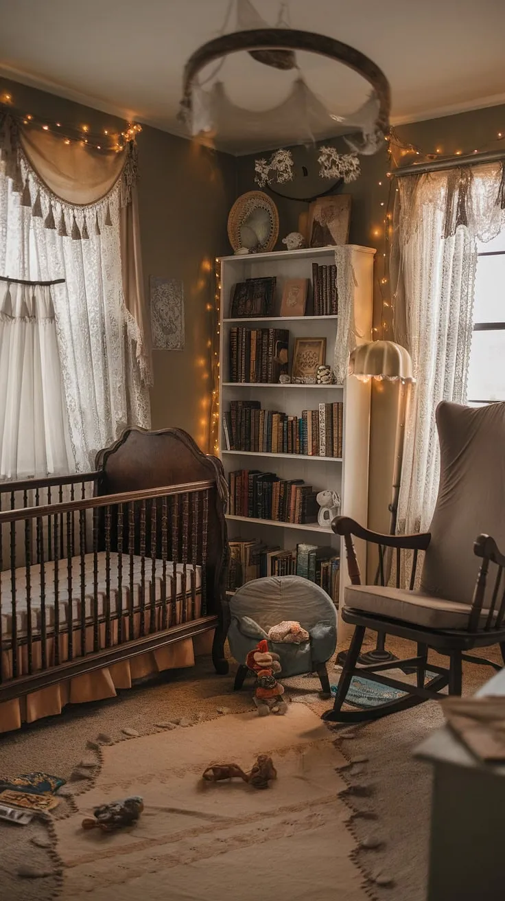 Step into a world of whispered lullabies and enchanted dreams. This Victorian nursery, with its antique crib and fairy-lit walls, is a haven of nostalgic charm, where childhood adventures begin. The air hums with magic, a testament to the enduring power of imagination and the comforting embrace of home.