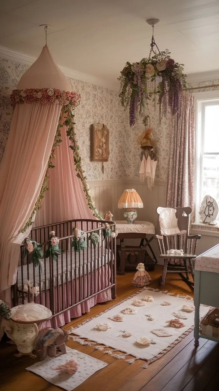 Whimsical and charming, this cottagecore nursery is a testament to simpler times. Delicate floral details adorn every corner, from the blossoming crib canopy to the antique rocking chair, creating a space where imagination flourishes and childhood dreams take flight.