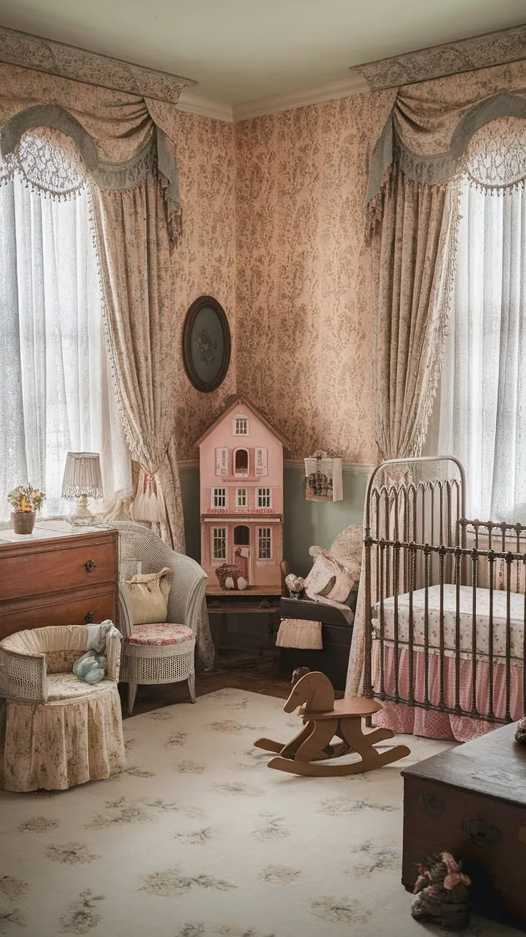 Step into a world of whimsical wonder, where vintage charm meets childhood dreams. This Victorian-style nursery, with its floral wallpaper, wooden rocking horse, and antique crib, evokes a sense of timeless beauty and gentle nostalgia. A perfect haven for sweet dreams and imaginative play.
