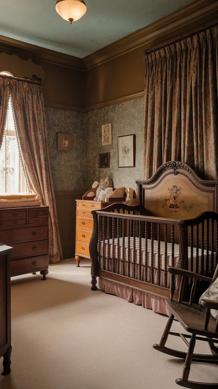 Step into a world of whispered lullabies and enchanting dreams in this Victorian-era nursery. The intricately carved crib, antique rocking chair, and warm lighting create a haven of nostalgic charm, a perfect space for a little one to grow and explore a timeless elegance.
