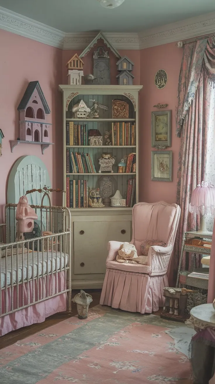 Step into a world of whimsical wonder, where pastel dreams and vintage charm collide. This Victorian-style nursery, complete with a timeworn crib, rocking chair, and antique dollhouses, is a testament to childhood's enduring magic. The fairytale castle playset adds a touch of playful adventure, while the vintage books and lamp whisper tales of bygone eras. A truly enchanting space for little ones to grow and dream.