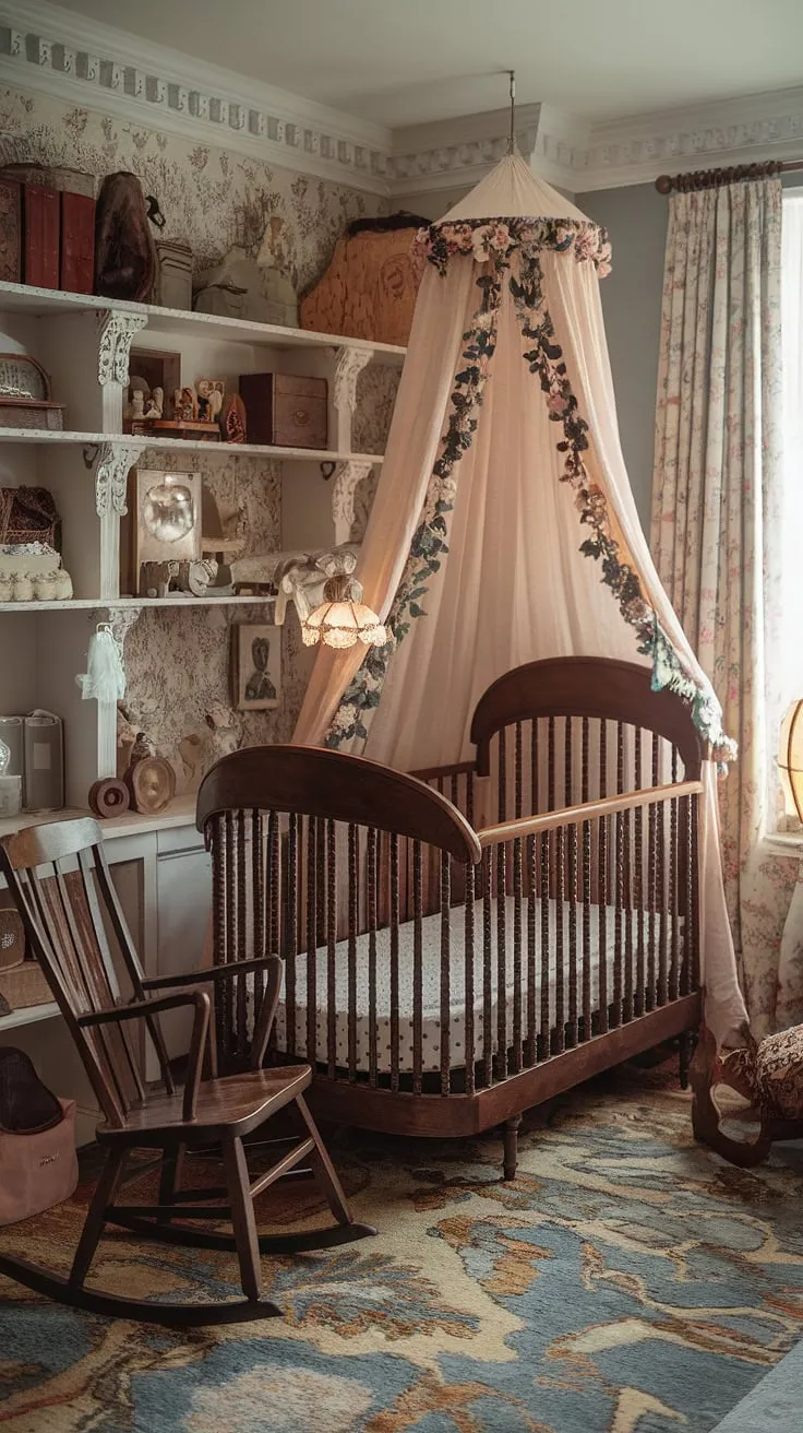 Lost in the enchanting details of this Victorian nursery. The delicate floral canopy over the wooden cot, the antique rocking chair, and the carefully curated collection of vintage toys create a dreamy atmosphere. Every corner whispers tales of bygone eras, promising peaceful nights and imaginative days. A perfect blend of history and heartfelt charm.
