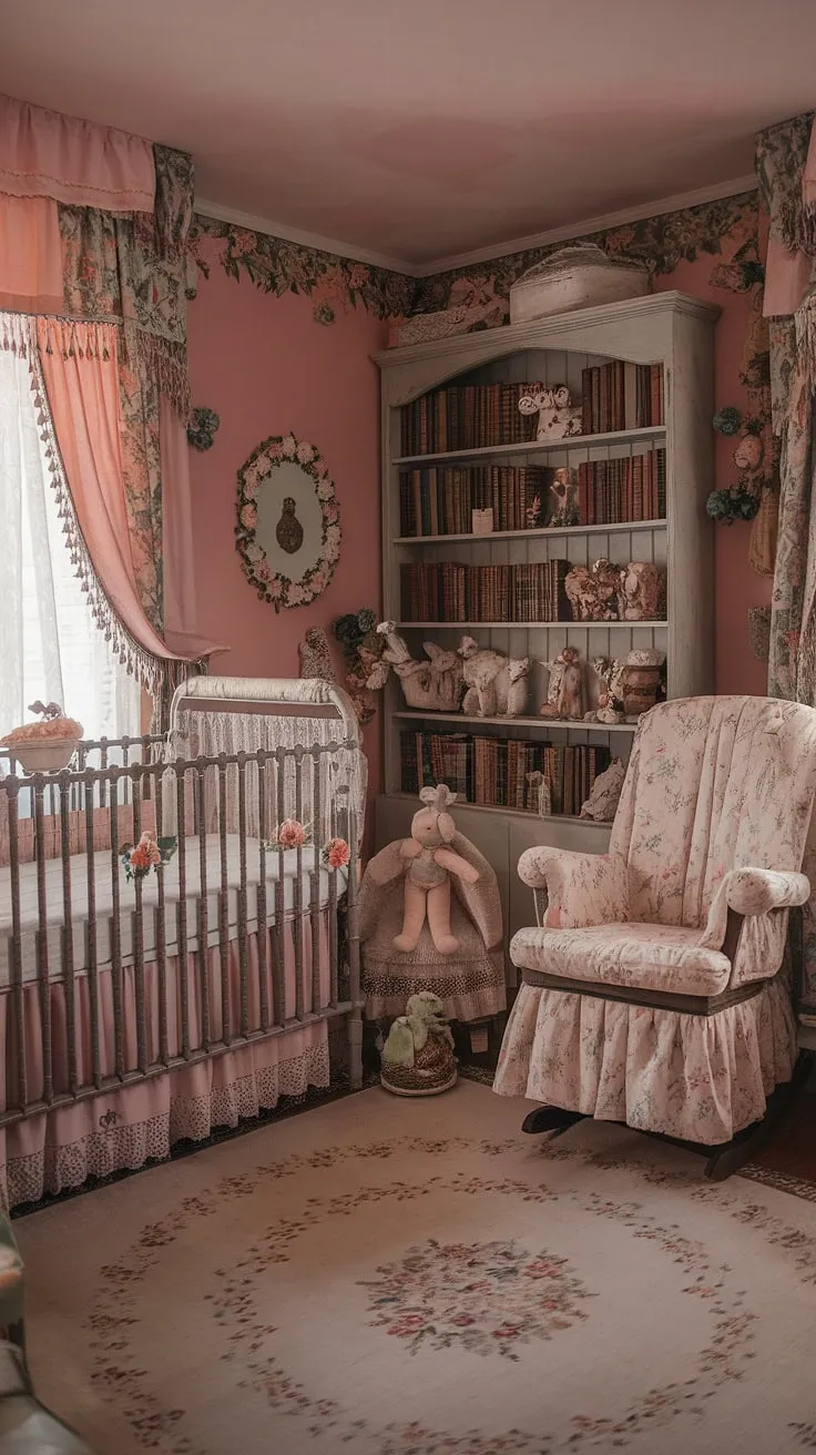 Step into a world of whispered lullabies and enchanted dreams. This vintage nursery, with its soft pink walls, floral patterns, and antique treasures, is a haven of cozy nostalgia. A whimsical haven for slumber, filled with the sweet scent of old books and blooming flowers. A perfect space for a little one to grow and explore a world of wonder.