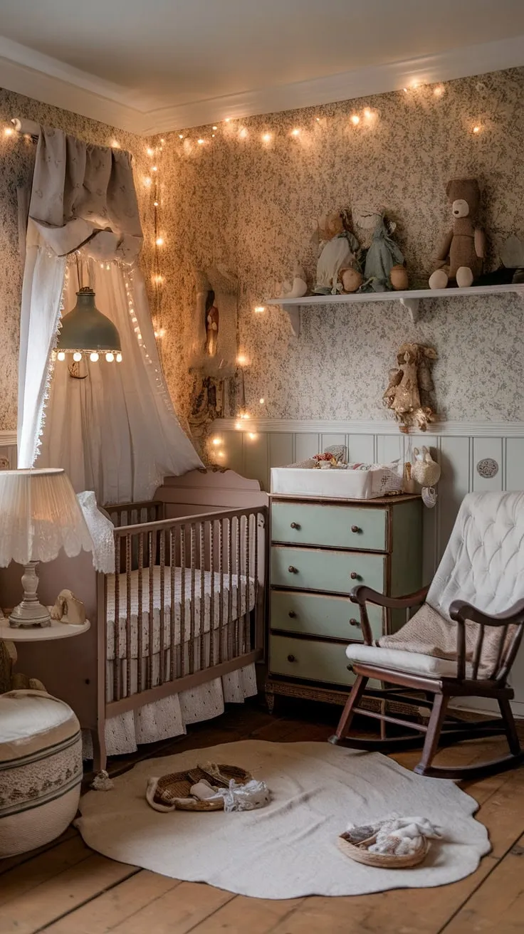 Step into a world of whispered lullabies and sweet dreams in this vintage nursery, where cottagecore charm meets timeless comfort. The soft glow of fairy lights dances across floral wallpaper, illuminating a scene of peaceful slumber, complete with a rocking chair for quiet moments and cherished rag dolls watching over a little one.