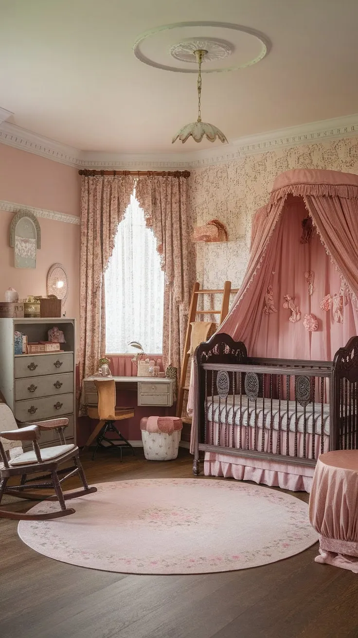 This exquisitely curated Victorian nursery evokes a sense of nostalgic wonder. The soft pink and beige palette, combined with the intricately carved crib and vintage furniture, creates a space both elegant and playful. A true testament to the enduring charm of classic design, it's a room where imagination flourishes.