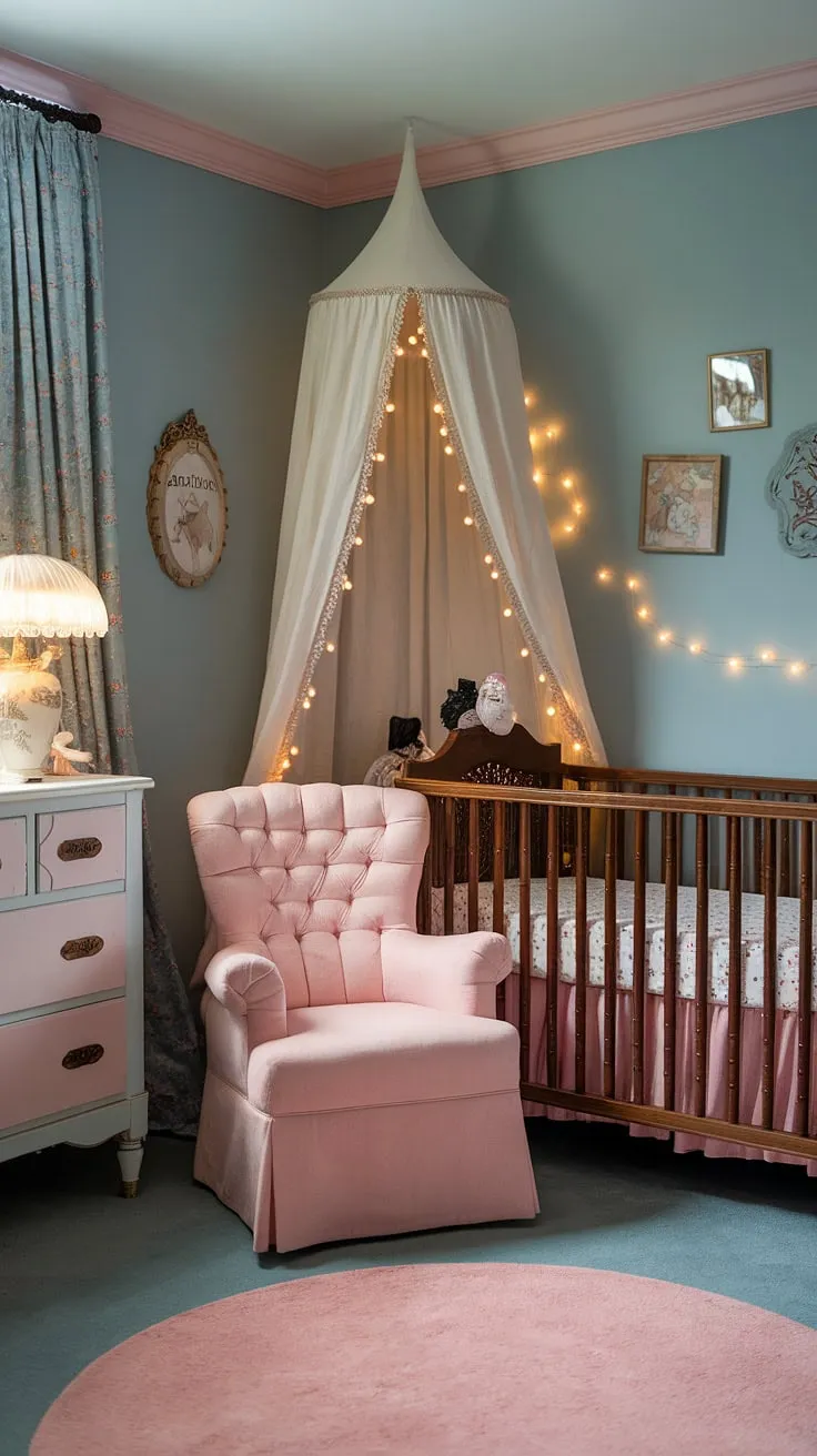 A delicate balance of vintage Victorian and cottagecore aesthetics defines this dreamy nursery. The soft blue walls, a pink plush chair inviting quiet moments, and a white crib draped in ethereal fabric create a space brimming with gentle charm. A white dresser with pink accents and a pink rug complete the enchanting scene, offering a haven of peace and whimsical delight. A perfect blend of old-world elegance and fairytale fantasy.