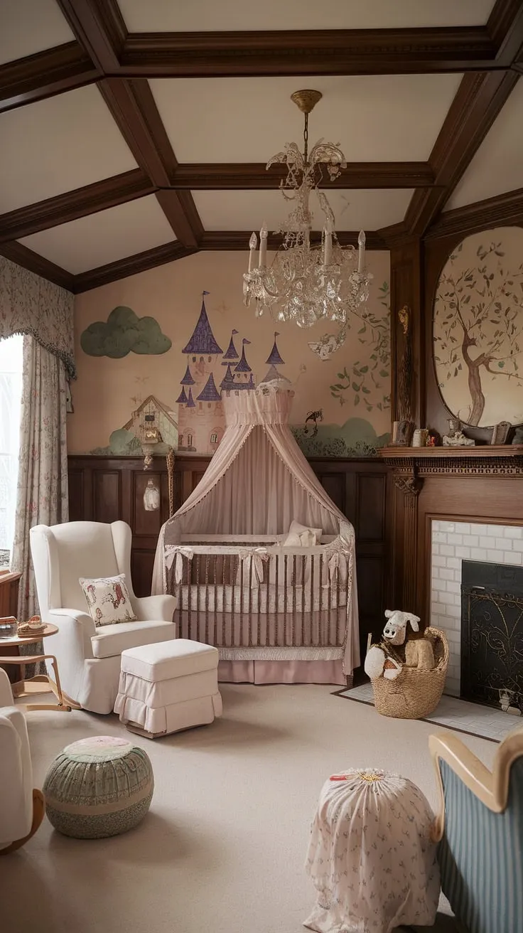 This Victorian room has been transformed into a breathtaking nursery, a testament to the power of blending eras and styles. A delightful mix of antique furniture and whimsical fairytale elements creates a space brimming with charm and personality. The result? A haven of comfort and magic, where childhood dreams take flight. A perfect blend of old-world charm and modern whimsy.