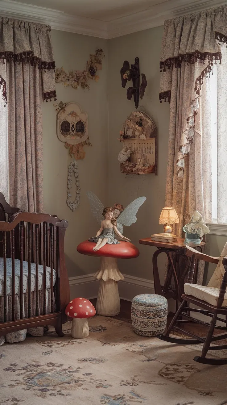 Step into a world of whispered secrets and gentle dreams in this enchanted Victorian nursery. A tiny fairy rests on a mushroom, watching over a slumbering babe in a vintage wooden crib, while the soft pastel walls and floral patterns create a haven of cottagecore charm. A rocking chair awaits, ready for bedtime stories and lullabies.