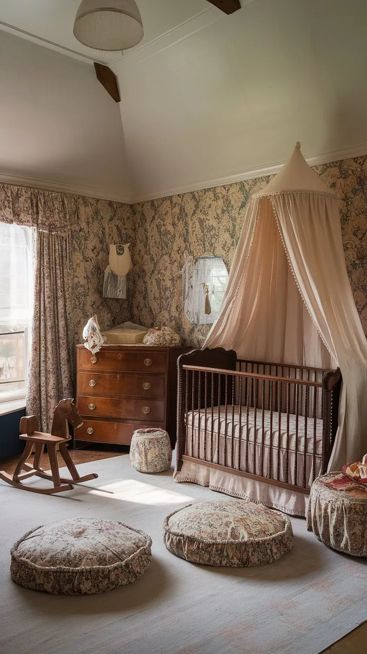 Step into a world of whispered lullabies and sweet dreams in this enchanting Victorian nursery. The antique crib, rocking horse, and floral wallpaper create a haven of cottagecore charm, a space where childhood fantasies bloom. A timeless elegance permeates every detail, promising a legacy of cherished memories.