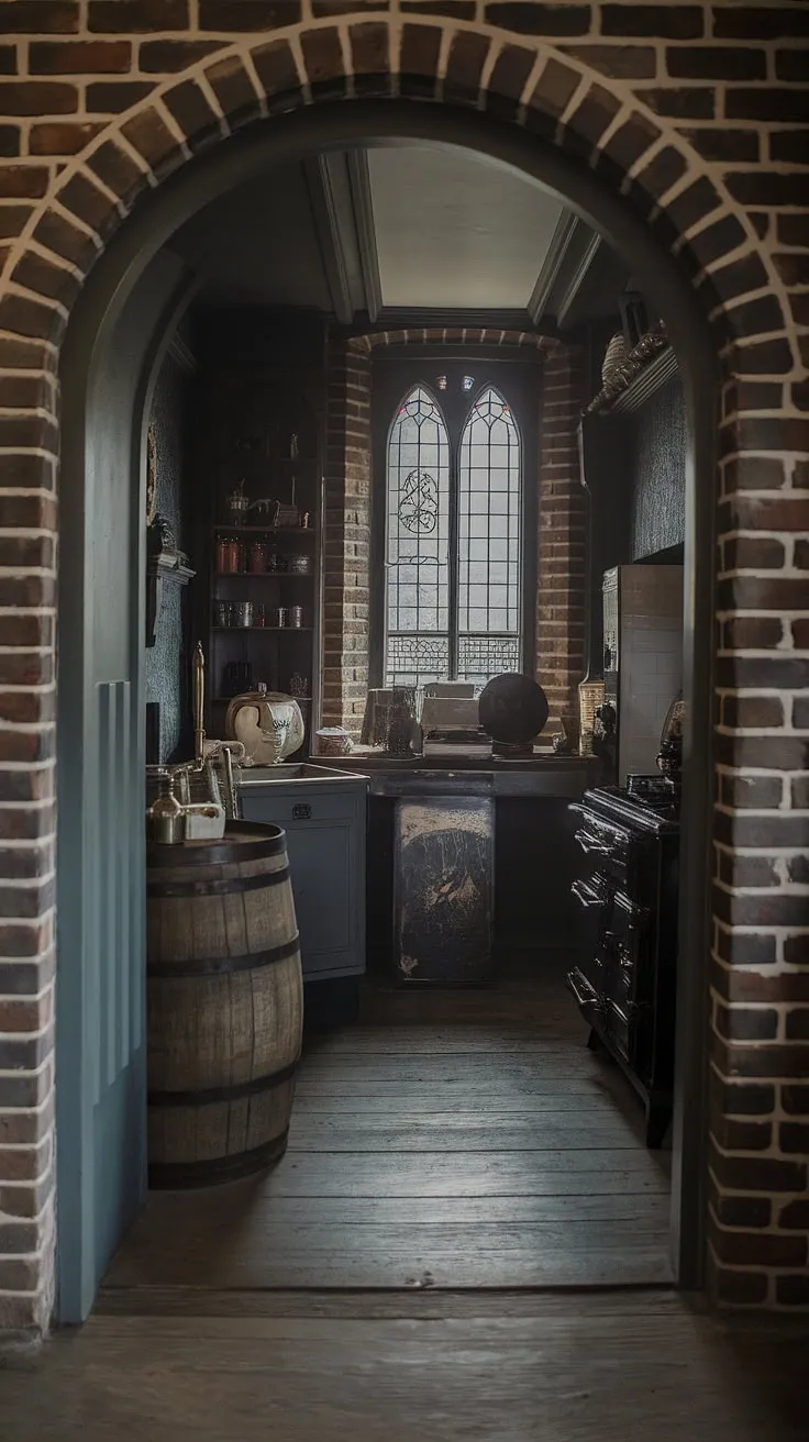Aged brick walls and wooden floors enhance the vintage appeal of this dimly lit Victorian kitchen.