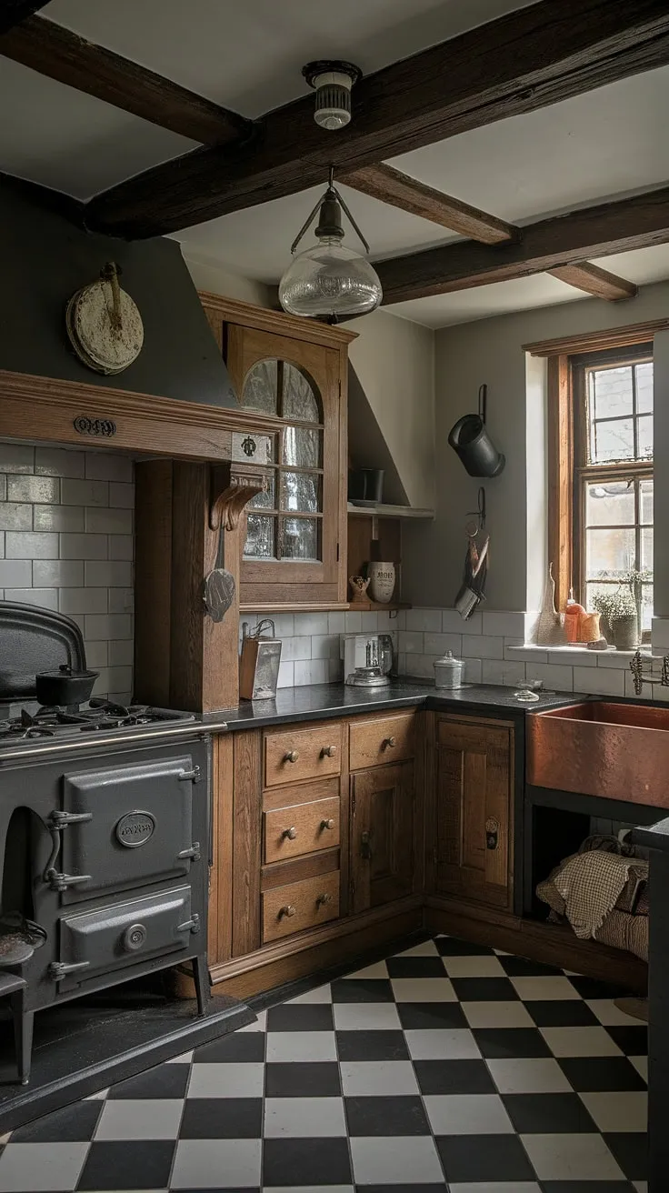 A dark, Victorian-Tudor kitchen evokes a moody atmosphere with antique stove, copper sink, and checkered floor.