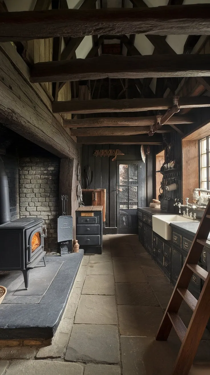 A historic Victorian kitchen's dark aesthetic, featuring a Tudor fireplace and stone floor, creates a captivatingly cozy atmosphere.
