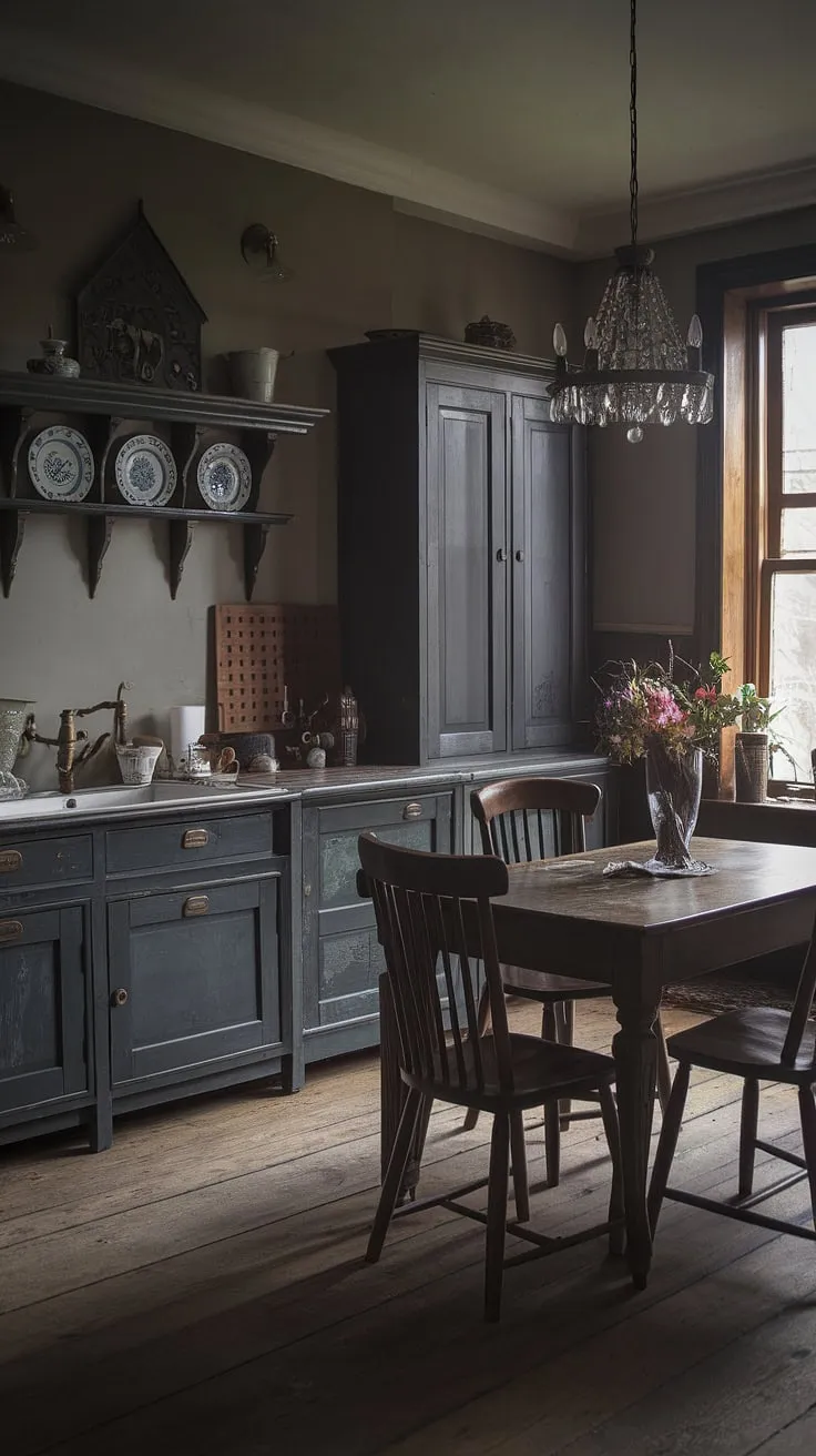Elegant Victorian-era kitchen design evokes a dark, moody atmosphere with antique details