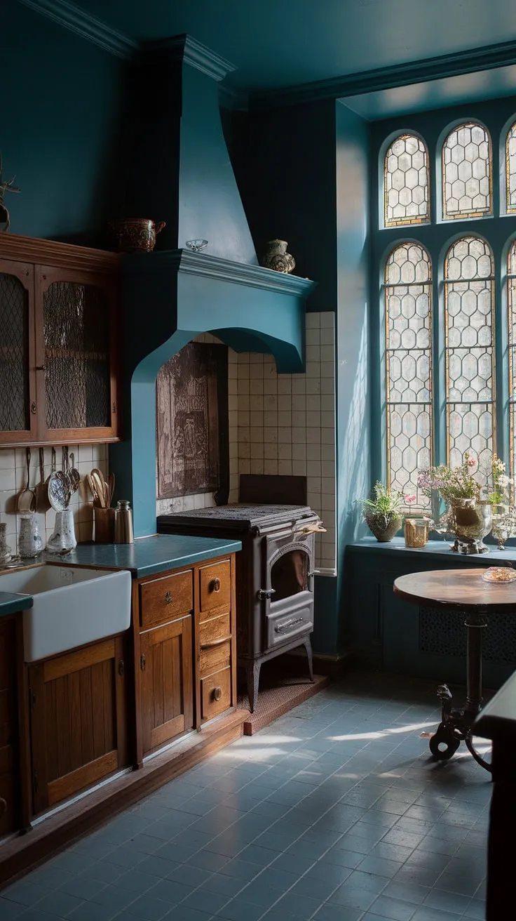 A moody, Tudor-style kitchen evokes a historic atmosphere with its deep blue walls, wooden cabinets, and antique details.