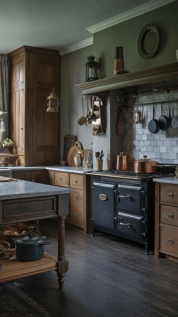 Dark wood, marble, and antique accents create a moody Victorian kitchen atmosphere.