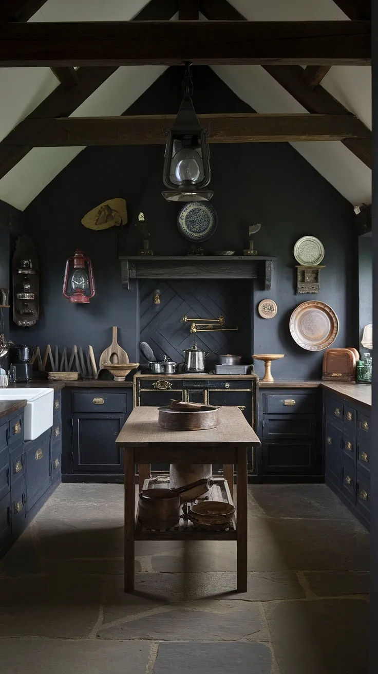 A dark, moody Victorian kitchen evokes a Tudor-era atmosphere with exposed beams and antique décor