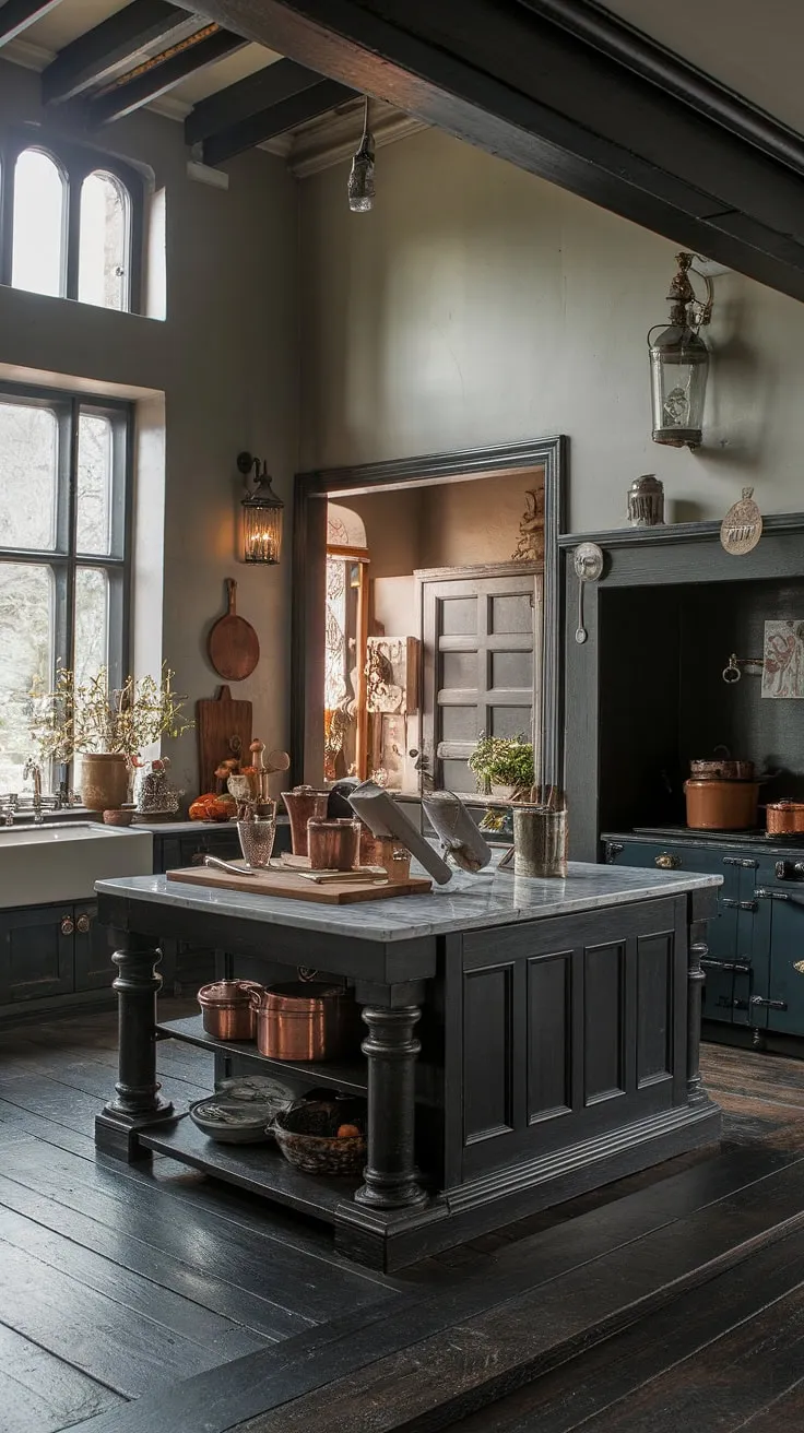 A dark, Victorian kitchen's high ceilings and aged details create a warm, inviting atmosphere