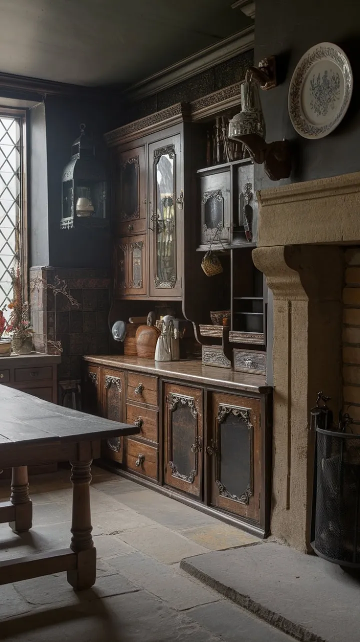 In a Victorian kitchen steeped in Tudor charm, dark woods and antique treasures weave a tapestry of culinary artistry and historical nostalgia.