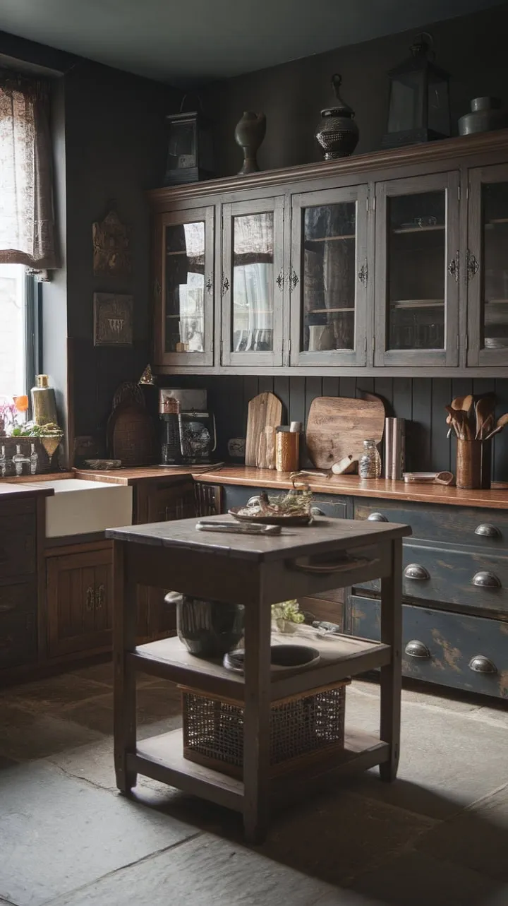 This Tudor-inspired Victorian kitchen blends dark wood and aged stone, inviting culinary creativity around a warm hearth steeped in history.