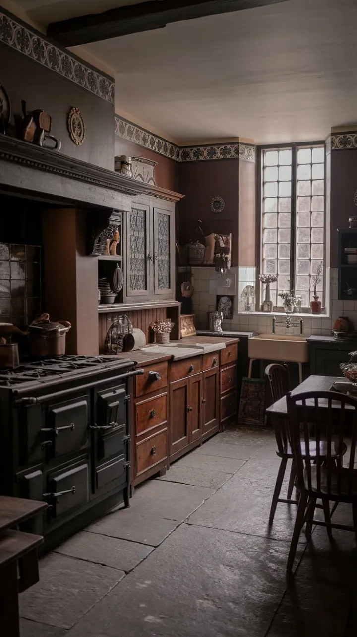 In the Tudor manor's kitchen, antique charm and moody hues blend to create a nostalgic tapestry that honors the timeless essence of home.