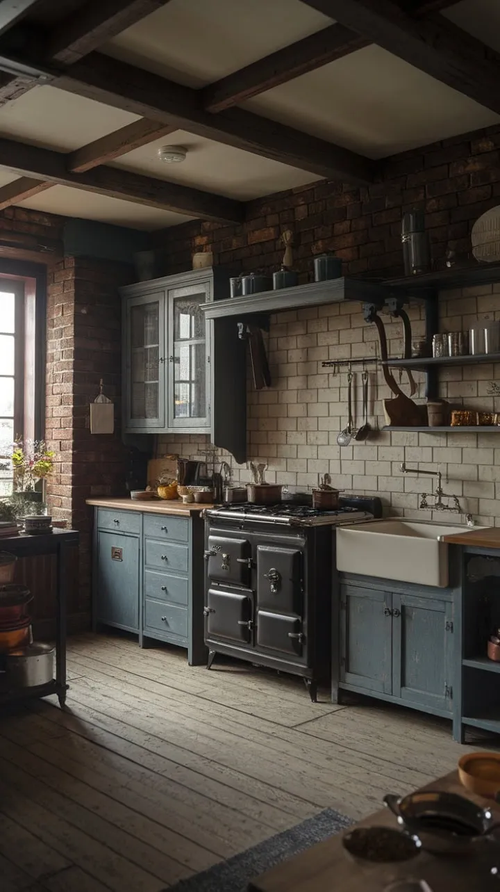 In a shadowy Victorian kitchen, the fragrant herbs and warm hues of aged wood and copper create a nostalgic embrace of history and craftsmanship that defines the essence of home.
