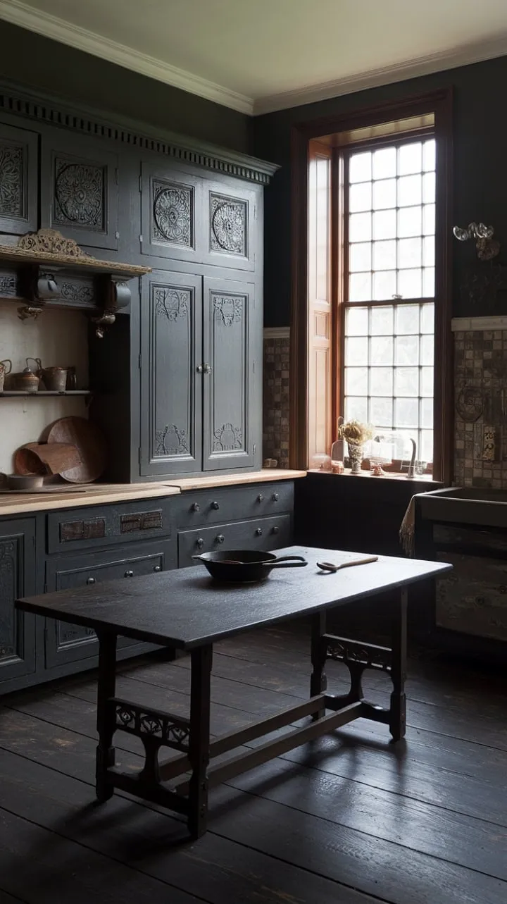 Sunlight dances through the Victorian kitchen, illuminating its rich woodwork and antique cookware that echo stories of elegance and history.