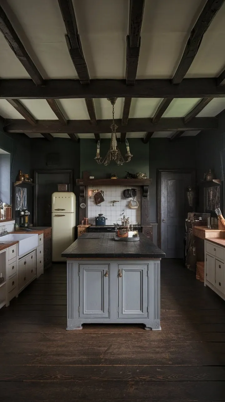 In this captivating Tudor kitchen, the delightful blend of rich aromas and vintage decor creates a timeless elegance that harmoniously fuses history with modern comfort.